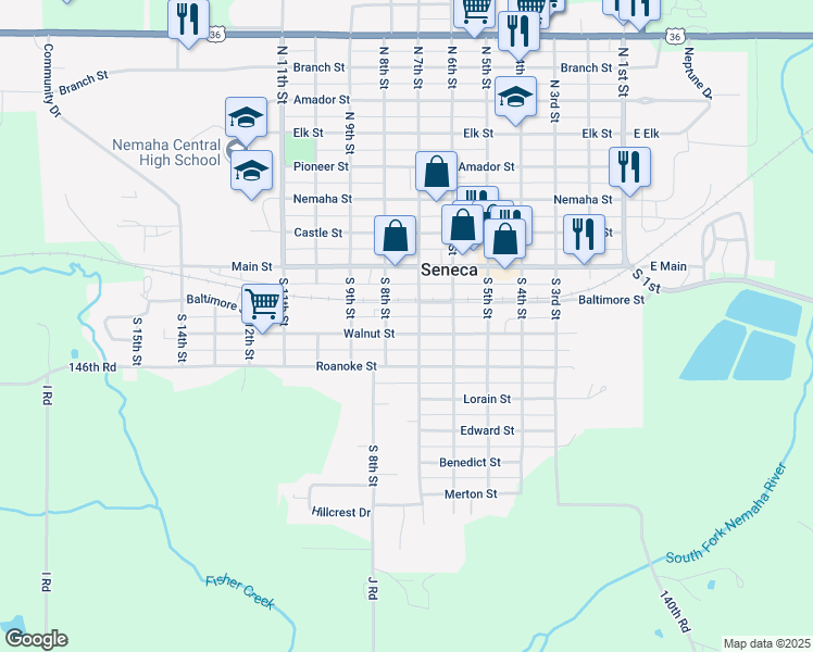 map of restaurants, bars, coffee shops, grocery stores, and more near 705 Walnut Street in Seneca