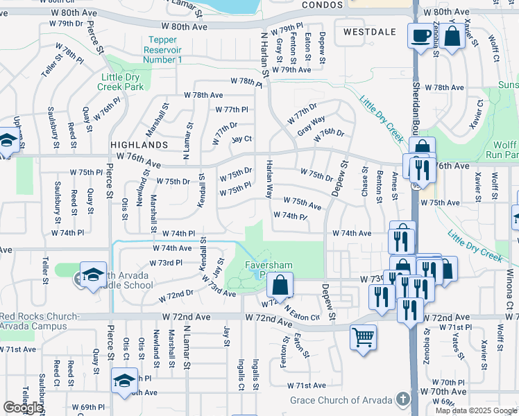 map of restaurants, bars, coffee shops, grocery stores, and more near 7444 Ingalls Court in Arvada