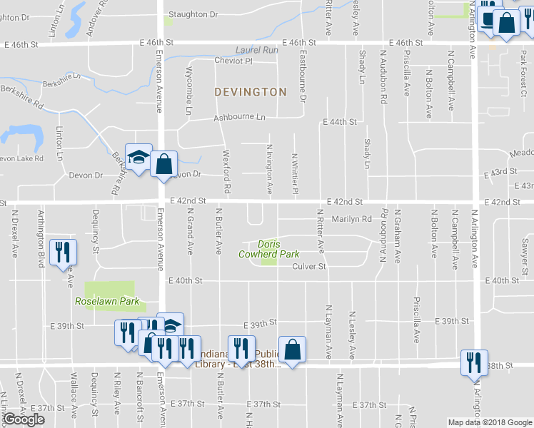 map of restaurants, bars, coffee shops, grocery stores, and more near 4137 Flamingo East Drive in Indianapolis