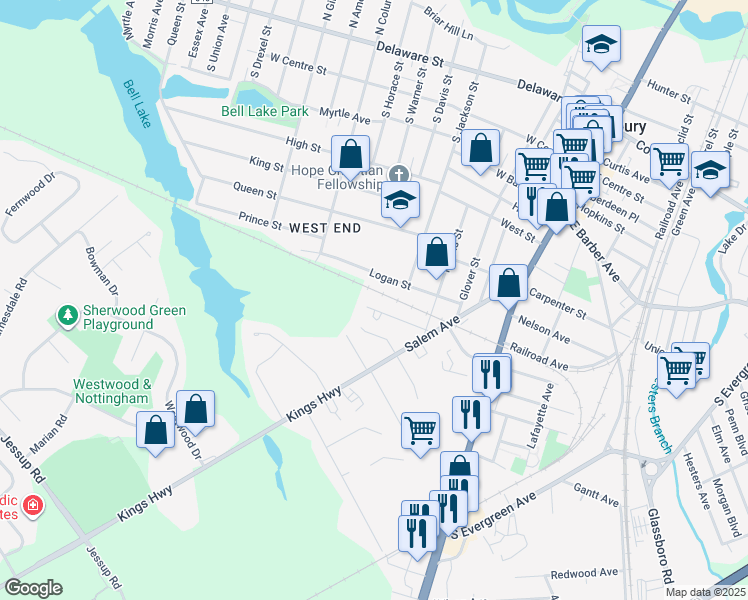 map of restaurants, bars, coffee shops, grocery stores, and more near 232 Emerson Street in Woodbury