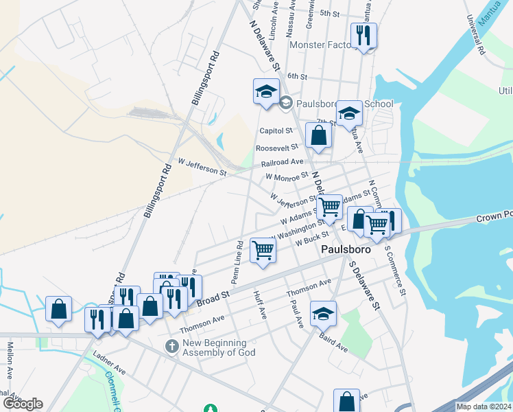 map of restaurants, bars, coffee shops, grocery stores, and more near 158 McCorkell Avenue in Paulsboro