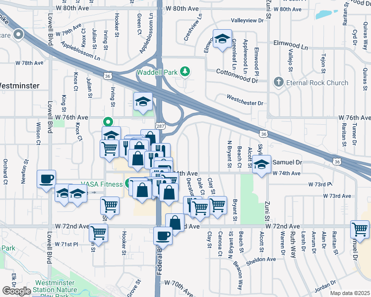 map of restaurants, bars, coffee shops, grocery stores, and more near 7491 Decatur Street in Westminster