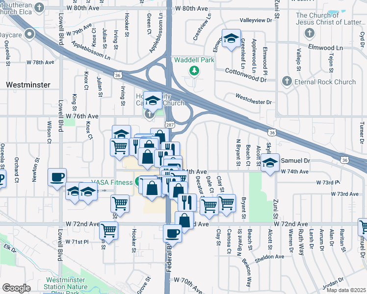 map of restaurants, bars, coffee shops, grocery stores, and more near 7491 Eliot Street in Westminster