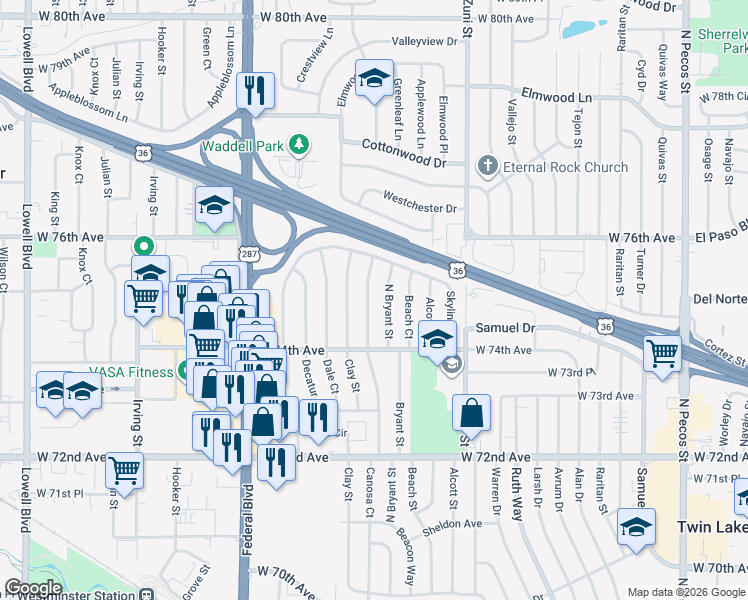 map of restaurants, bars, coffee shops, grocery stores, and more near 7488 Canosa Court in Westminster