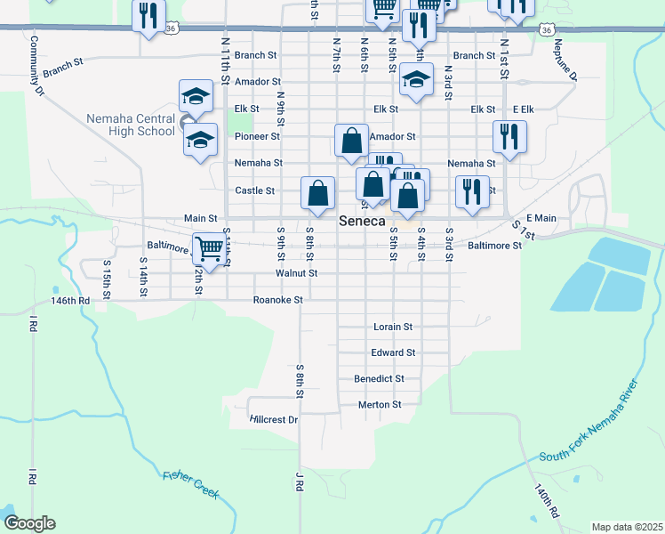 map of restaurants, bars, coffee shops, grocery stores, and more near 705 Walnut Street in Seneca