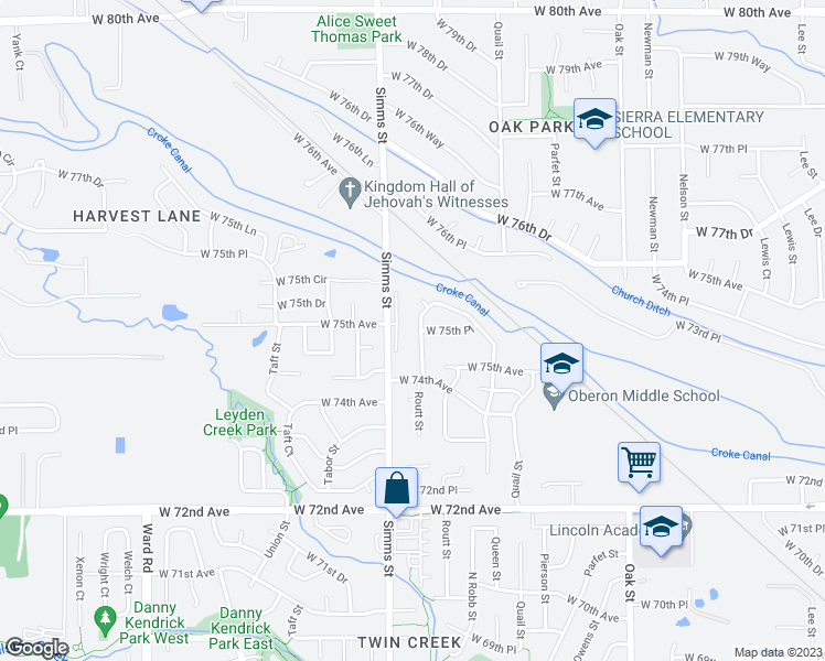 map of restaurants, bars, coffee shops, grocery stores, and more near 7505 Queen Circle in Arvada