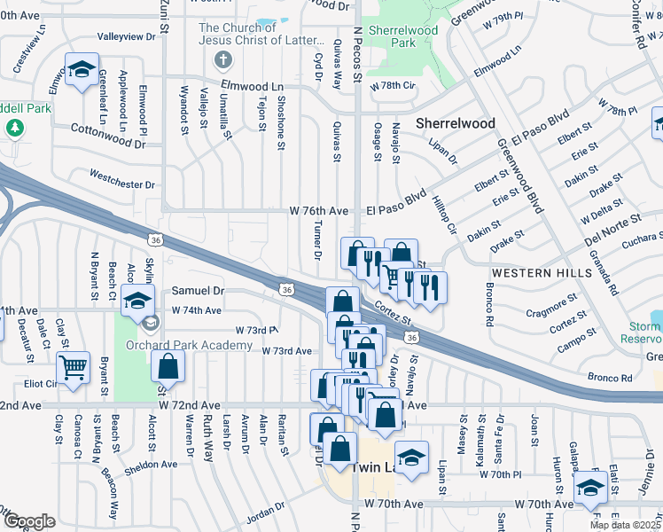 map of restaurants, bars, coffee shops, grocery stores, and more near 7487 Quivas Street in Denver