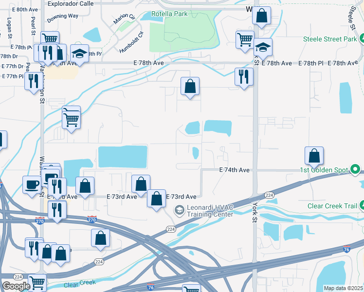 map of restaurants, bars, coffee shops, grocery stores, and more near 1800 East 75th Avenue in Denver