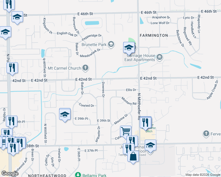 map of restaurants, bars, coffee shops, grocery stores, and more near 9856 Ellis Drive in Indianapolis
