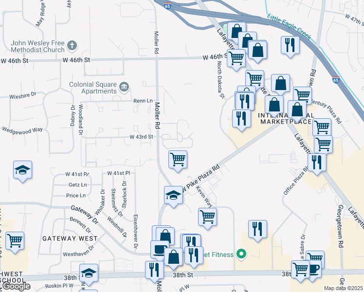 map of restaurants, bars, coffee shops, grocery stores, and more near 5388 Falcon Creek Way in Indianapolis
