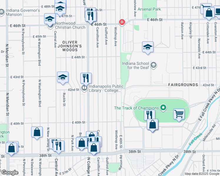 map of restaurants, bars, coffee shops, grocery stores, and more near 910 East 42nd Street in Indianapolis