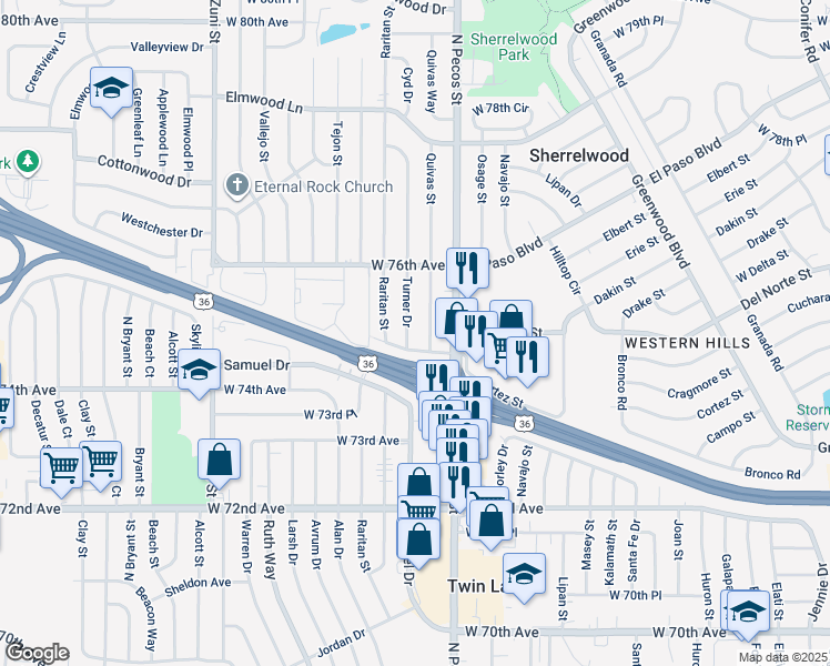 map of restaurants, bars, coffee shops, grocery stores, and more near 7487 Quivas Street in Denver