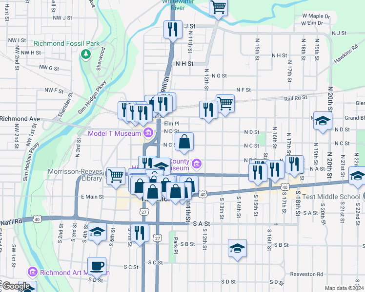 map of restaurants, bars, coffee shops, grocery stores, and more near 224 North 11th Street in Richmond