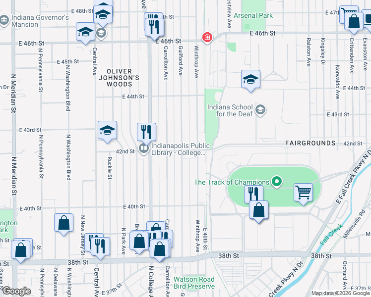 map of restaurants, bars, coffee shops, grocery stores, and more near 910 East 42nd Street in Indianapolis