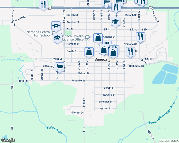 map of restaurants, bars, coffee shops, grocery stores, and more near 705 Walnut Street in Seneca
