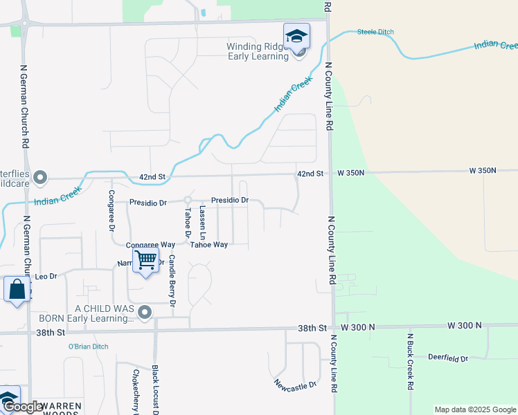 map of restaurants, bars, coffee shops, grocery stores, and more near 4082 Presidio Circle in Indianapolis