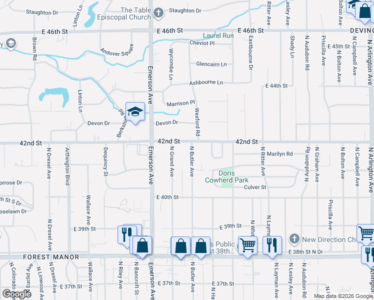 map of restaurants, bars, coffee shops, grocery stores, and more near 4154 North Butler Avenue in Indianapolis