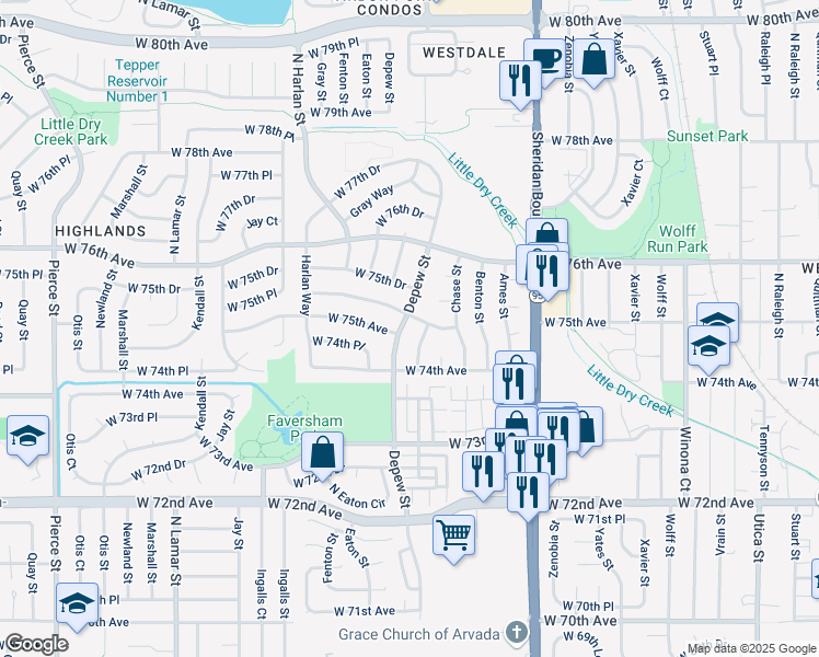 map of restaurants, bars, coffee shops, grocery stores, and more near 7482 Depew Street in Arvada