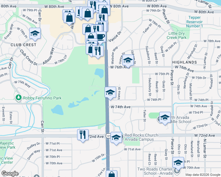 map of restaurants, bars, coffee shops, grocery stores, and more near 7471 Webster Street in Arvada