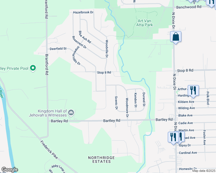 map of restaurants, bars, coffee shops, grocery stores, and more near 5969 Woodmore Drive in Dayton