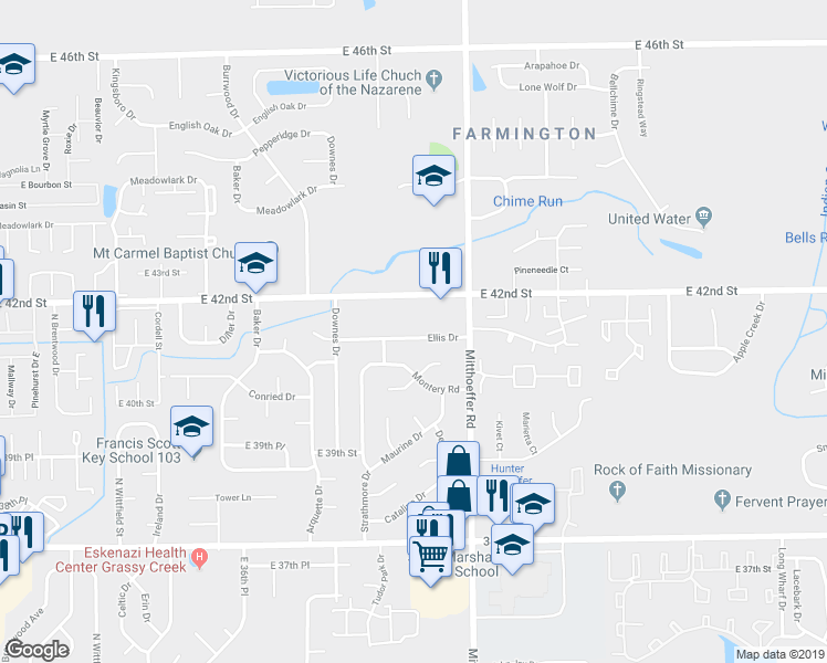 map of restaurants, bars, coffee shops, grocery stores, and more near 9926 Ellis Drive in Indianapolis