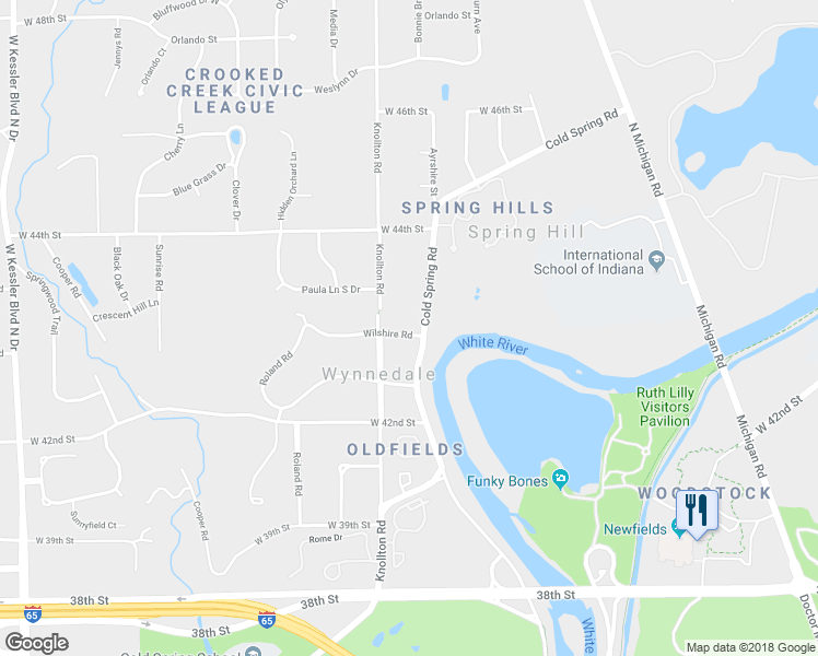 map of restaurants, bars, coffee shops, grocery stores, and more near 2002 Wilshire Road in Indianapolis