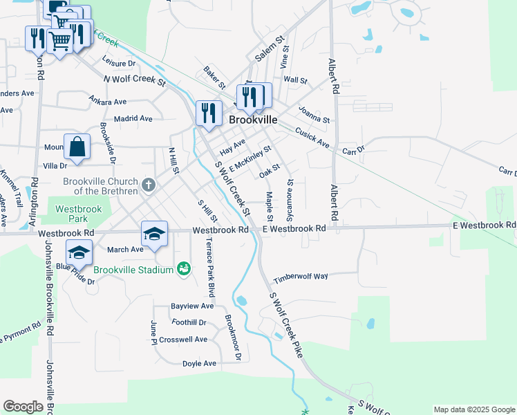 map of restaurants, bars, coffee shops, grocery stores, and more near 30 Gaines Street in Brookville