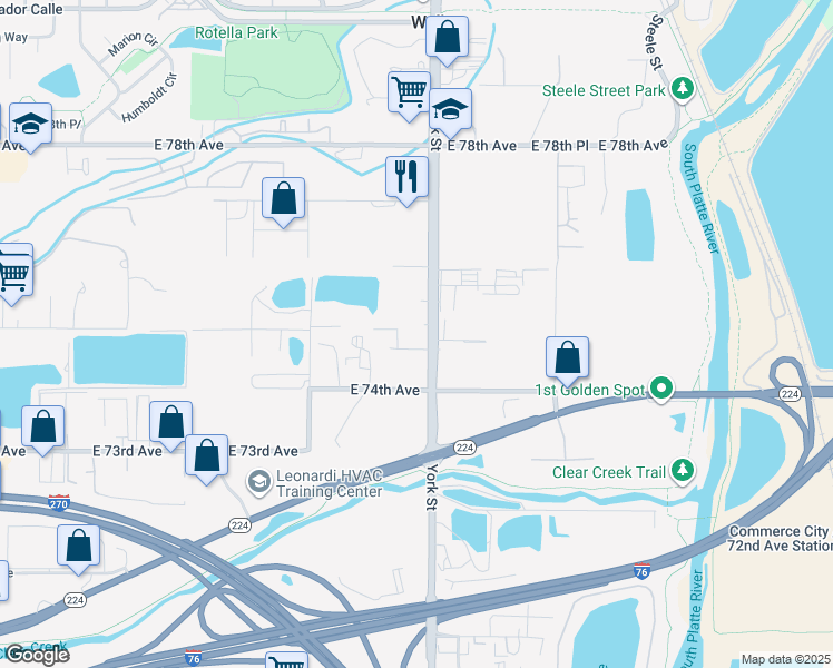 map of restaurants, bars, coffee shops, grocery stores, and more near 2265 East 74th Place in Denver