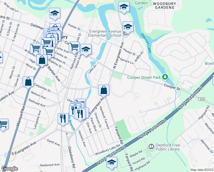 map of restaurants, bars, coffee shops, grocery stores, and more near 57 South Evergreen Avenue in Woodbury