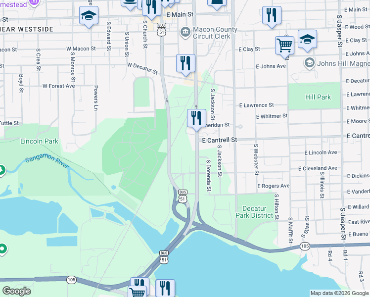 map of restaurants, bars, coffee shops, grocery stores, and more near 700-898 South Main Street in Decatur