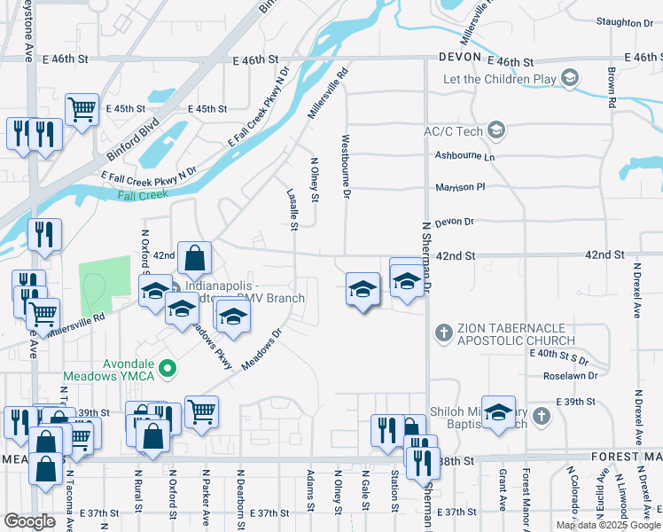 map of restaurants, bars, coffee shops, grocery stores, and more near 3609 Bunker Hill Drive in Indianapolis