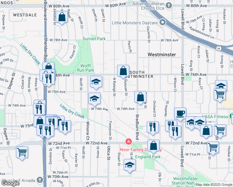 map of restaurants, bars, coffee shops, grocery stores, and more near 7490 Raleigh Street in Westminster