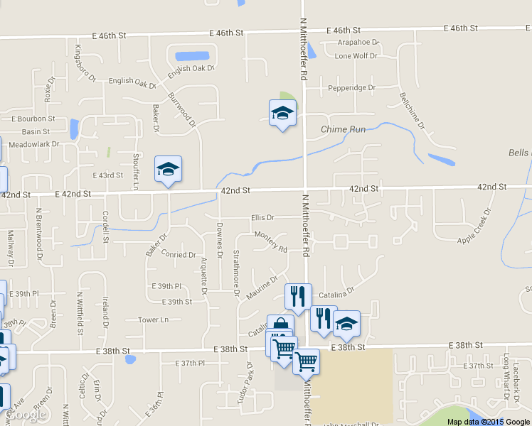 map of restaurants, bars, coffee shops, grocery stores, and more near 9920 Ellis Drive in Indianapolis