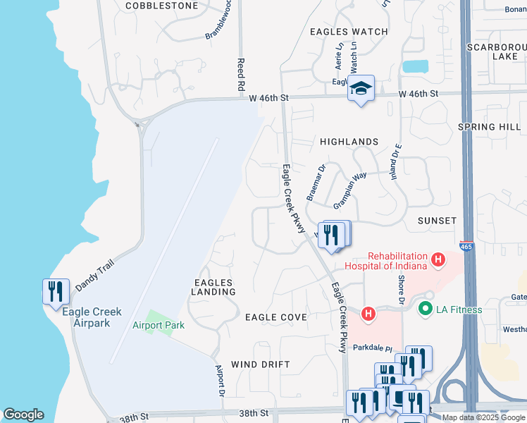 map of restaurants, bars, coffee shops, grocery stores, and more near 4295 Eagle Bay West Drive in Indianapolis