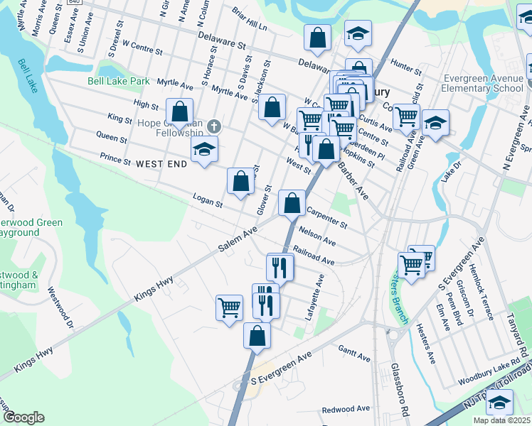 map of restaurants, bars, coffee shops, grocery stores, and more near 432 Glover Street in Woodbury