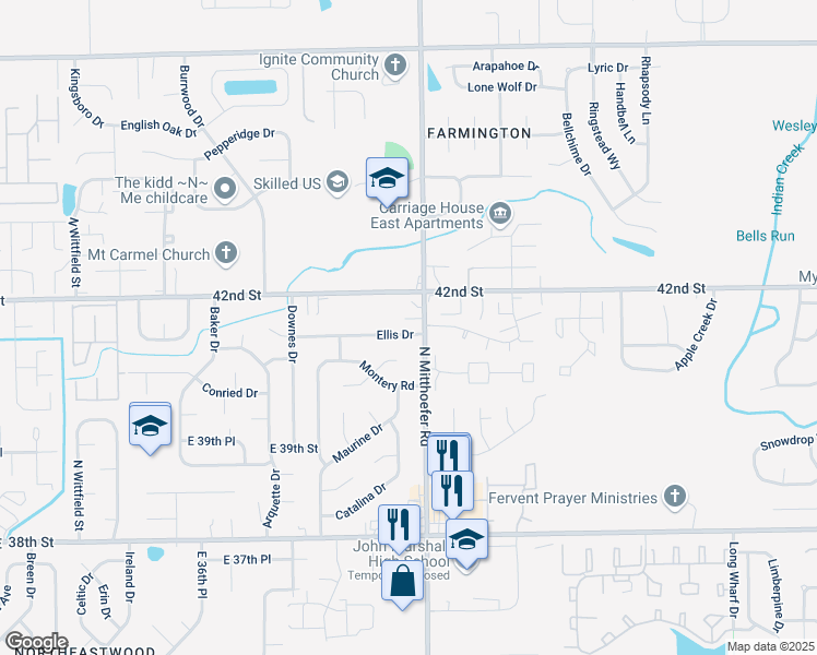 map of restaurants, bars, coffee shops, grocery stores, and more near 9968 Ellis Drive in Indianapolis