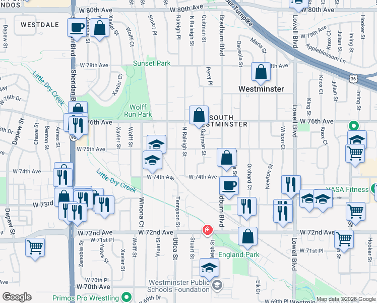 map of restaurants, bars, coffee shops, grocery stores, and more near 7490 Raleigh Street in Westminster