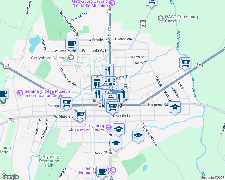map of restaurants, bars, coffee shops, grocery stores, and more near 119 Carlisle St in Gettysburg