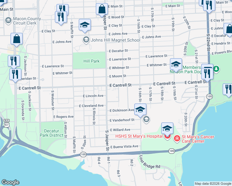 map of restaurants, bars, coffee shops, grocery stores, and more near 1176 East Lincoln Avenue in Decatur