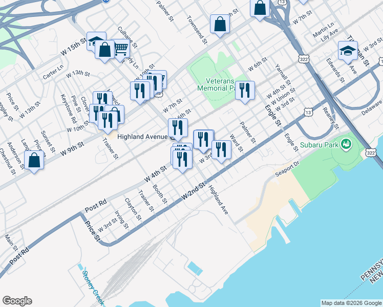 map of restaurants, bars, coffee shops, grocery stores, and more near 323 Highland Avenue in Chester