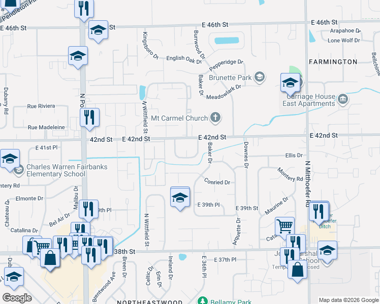 map of restaurants, bars, coffee shops, grocery stores, and more near 4105 Mellis Court in Indianapolis