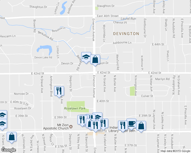 map of restaurants, bars, coffee shops, grocery stores, and more near 4165 North Emerson Avenue in Indianapolis