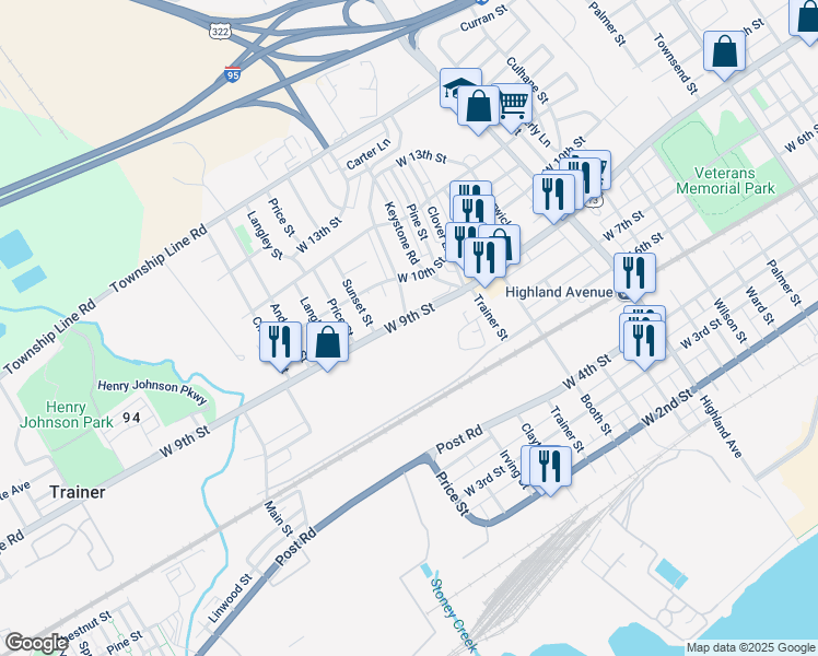 map of restaurants, bars, coffee shops, grocery stores, and more near 3305 West 9th Street in Marcus Hook