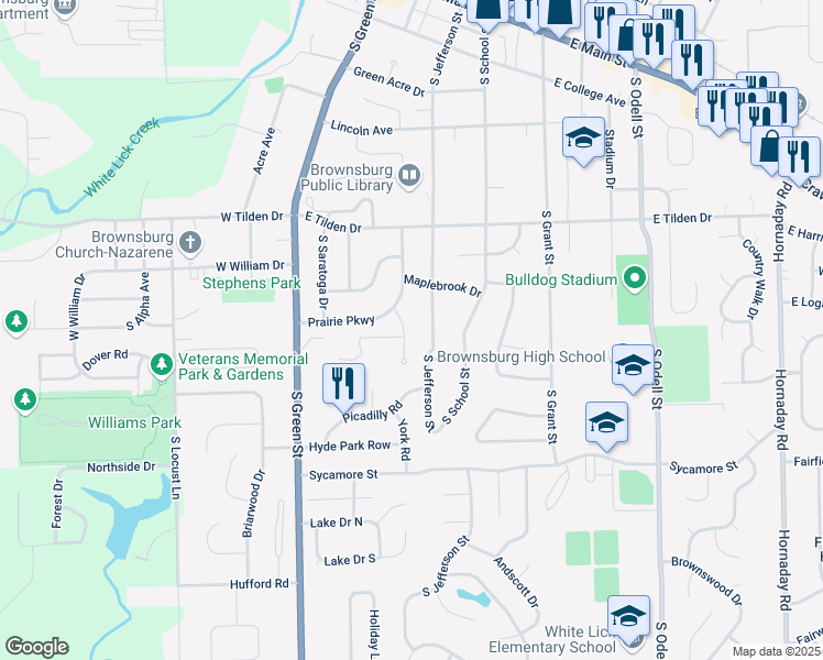 map of restaurants, bars, coffee shops, grocery stores, and more near 713 Prairie Drive in Brownsburg