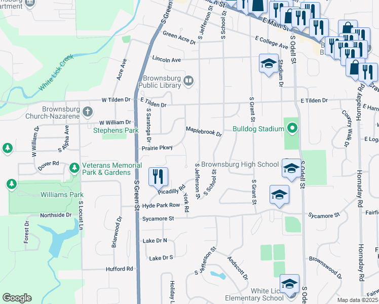 map of restaurants, bars, coffee shops, grocery stores, and more near 713 Prairie Drive in Brownsburg