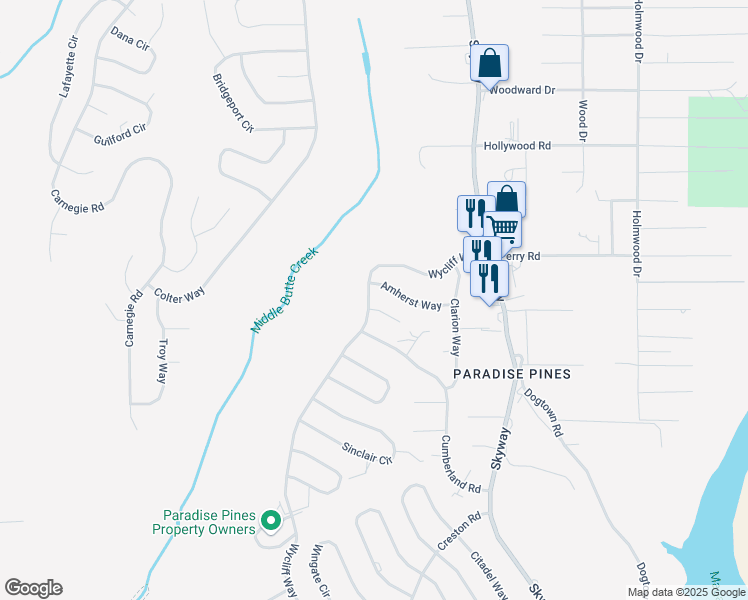 map of restaurants, bars, coffee shops, grocery stores, and more near 14376 Wycliff Way in Magalia