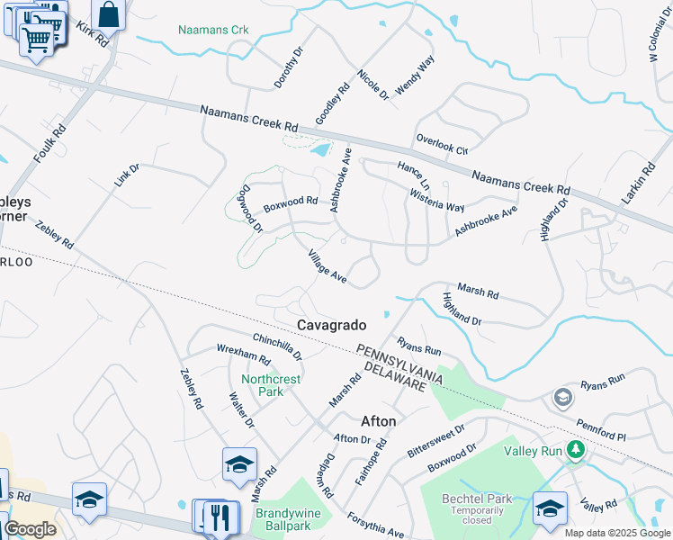 map of restaurants, bars, coffee shops, grocery stores, and more near 1670 Village Avenue in Garnet Valley