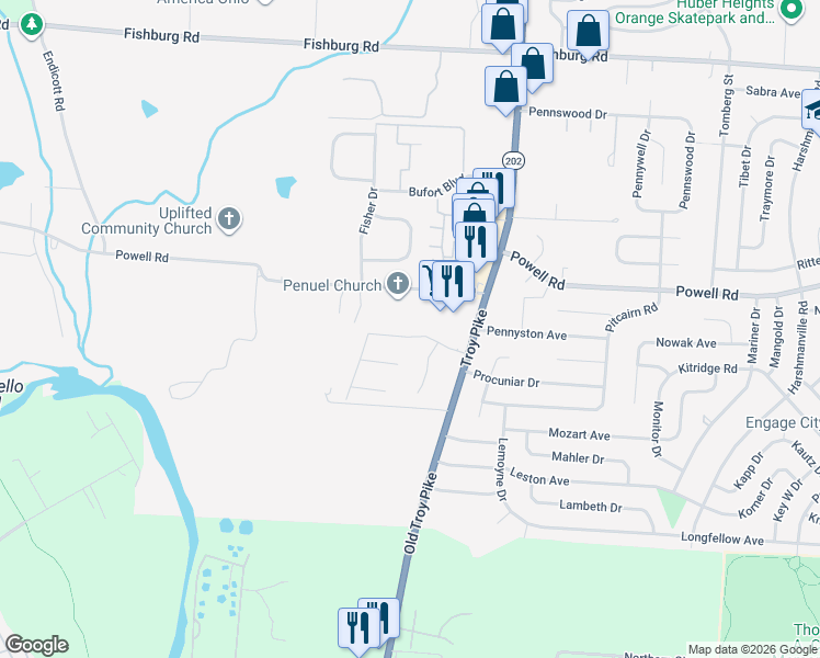 map of restaurants, bars, coffee shops, grocery stores, and more near 4239 Vitek Dr in Dayton
