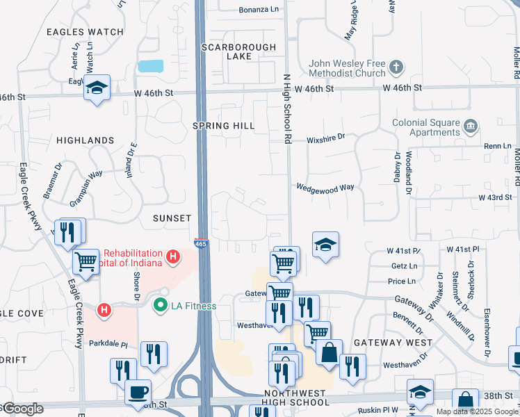 map of restaurants, bars, coffee shops, grocery stores, and more near 6328 Commons Drive in Indianapolis