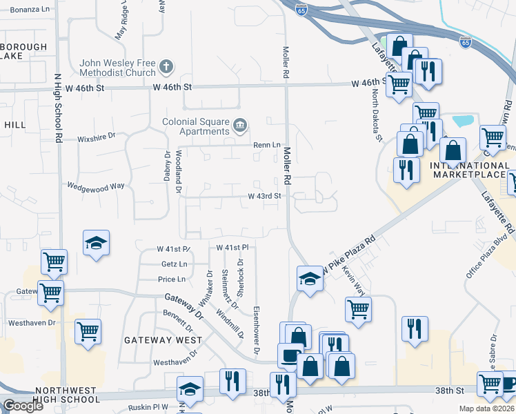 map of restaurants, bars, coffee shops, grocery stores, and more near 5537 West 43rd Street in Indianapolis